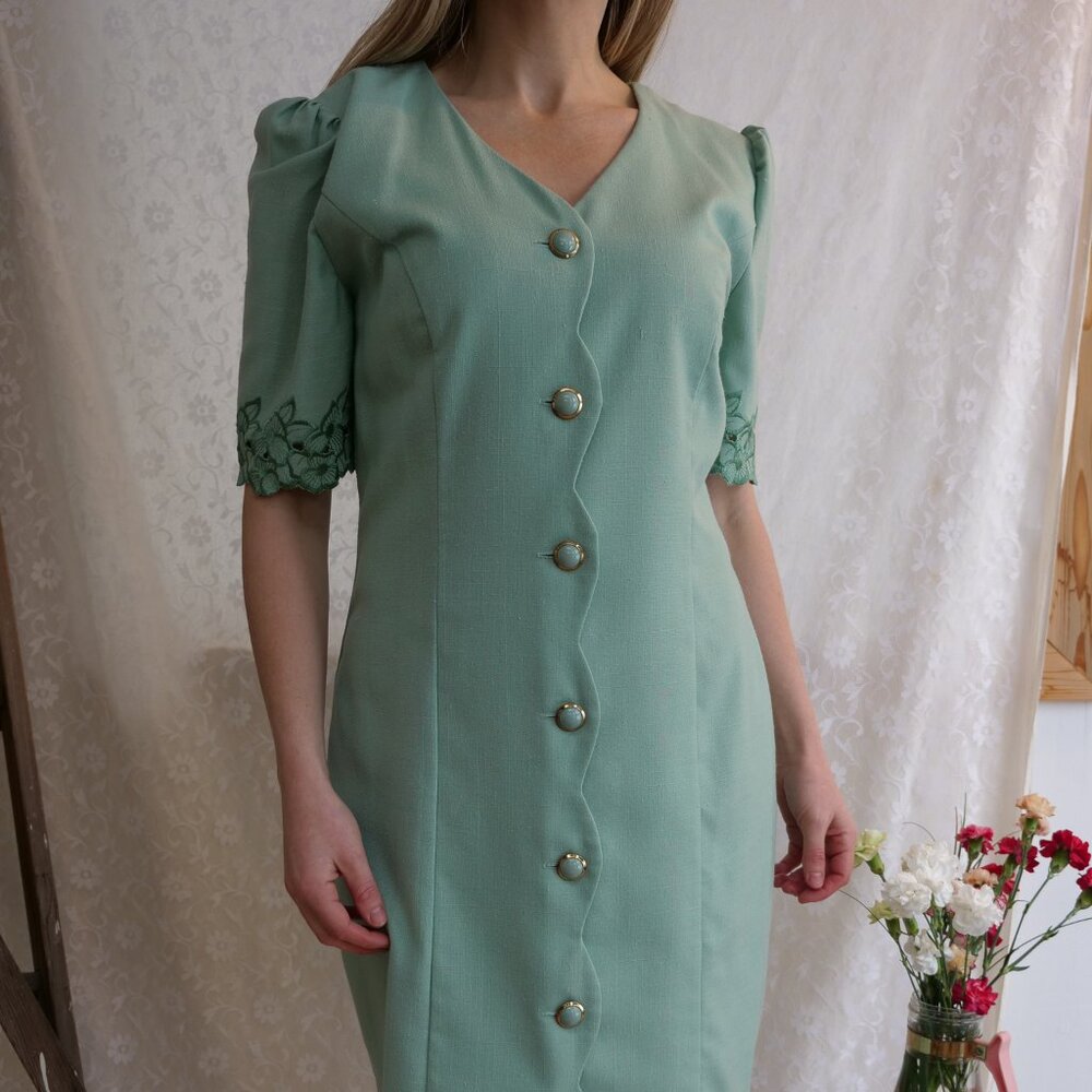 Vintage 1980s Mint Sage Green Linen Dress Button Front Retro 80s Thrift Dresses
